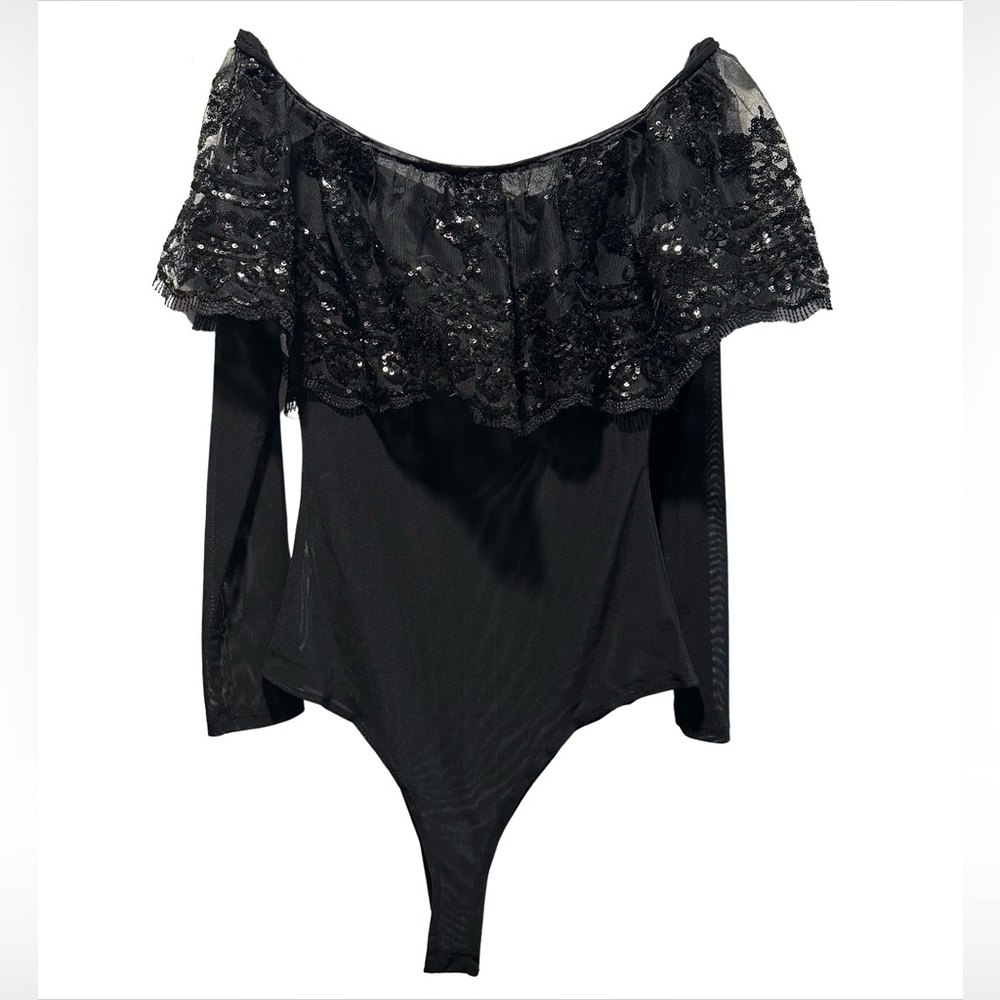 NWT Windsor Black Mesh Off Shoulder Sequin Detail Bodysuit